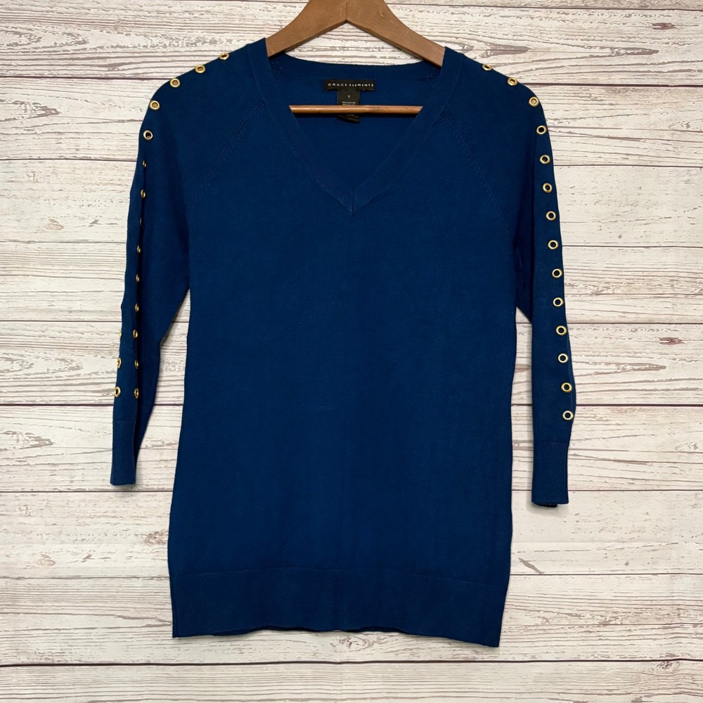 Grace Elements Teal Blue Gold Grommet Sleeve Detail Womens V-Neck Sweater Small